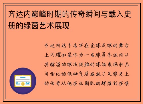 齐达内巅峰时期的传奇瞬间与载入史册的绿茵艺术展现